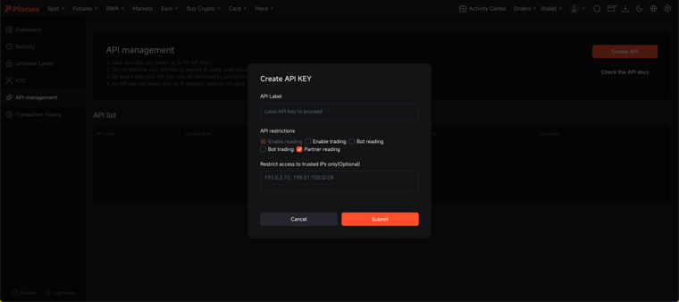 Create an API key with Partner reading permission